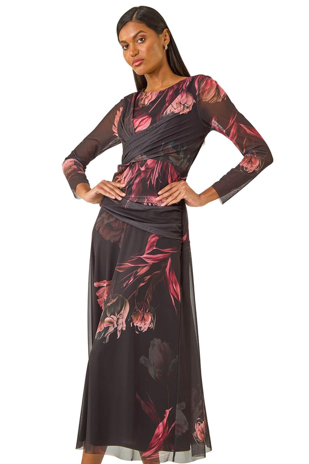 Roman Women's Black Floral Mesh Stretch Maxi Dress Size 18