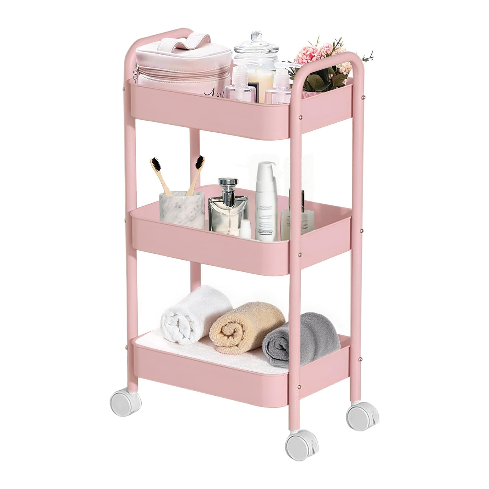 Beauty Trolley on Wheels 3 Tier Storage Trolley with handle Space-Saving Beauty Trolleys Rolling Utility Cart Craft Trolleys on Wheels for Home Kitchen Bathroom Laundry Office (Pink)