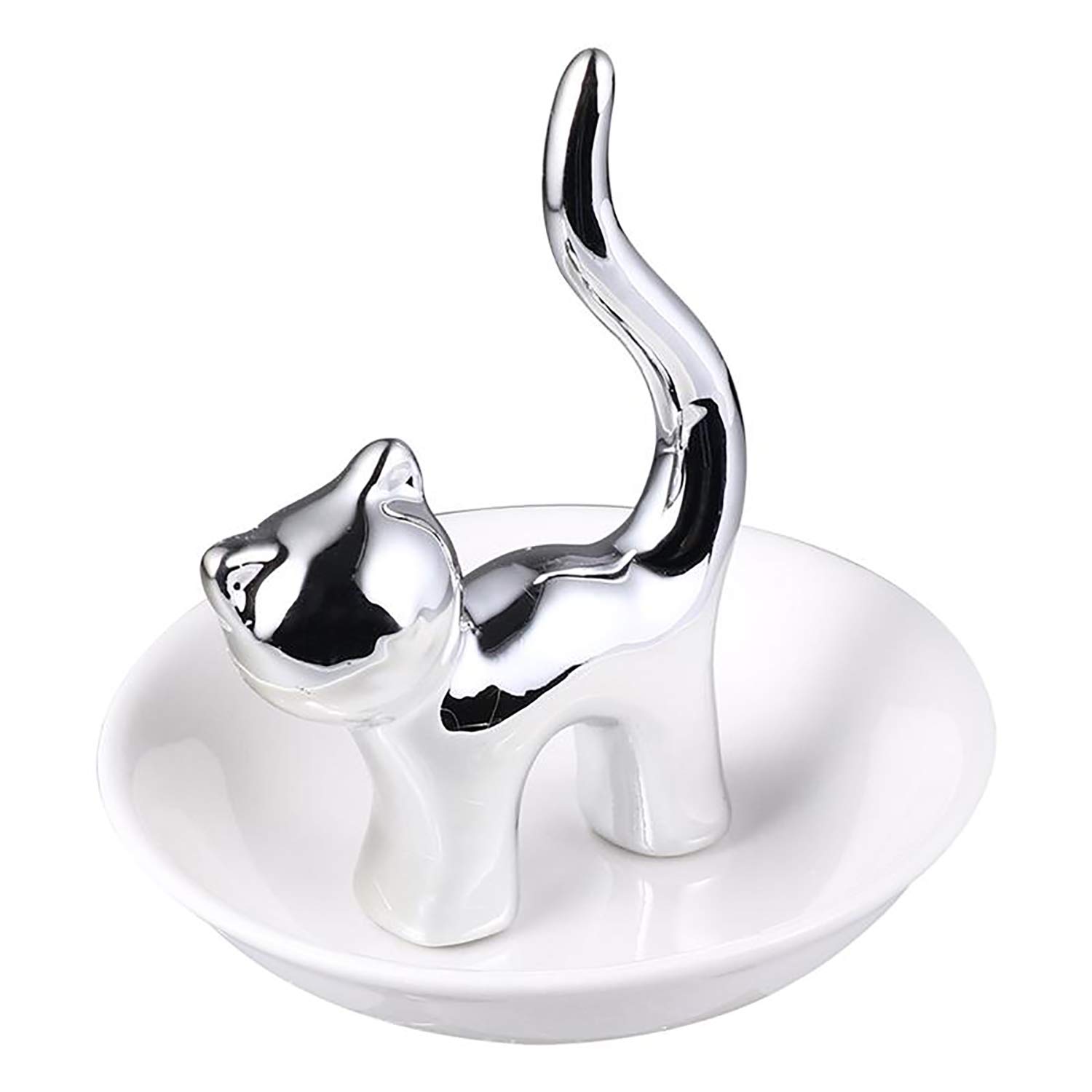 Silver Cat Display Table Decoration Cat Ceramic Ring Dish, Silver Jewelry Dish, Ring Holder, Earrings Jewelry Display, Jewelry Organizer Ring Holder for Women Girls Mother's Day Gift