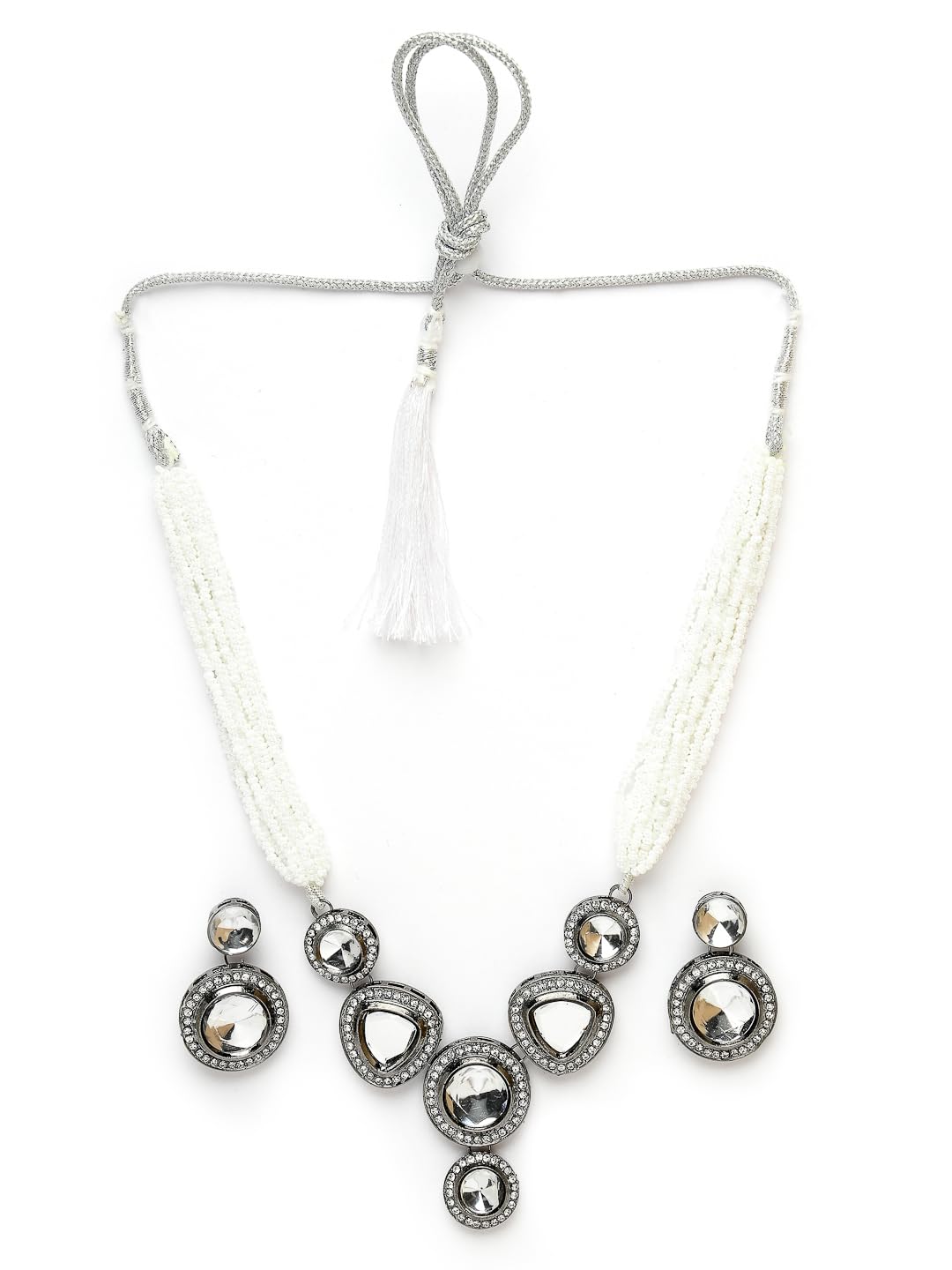 Adiva Latest Stylish Traditional Rhodium-Plated Kunda & CZ Stone-Studded Beaded Handcrafted Necklace with Earrings Jewellery Set for Women & Girls (B0CVTZD5QM) Amazon Price History, Amazon Price Tracker