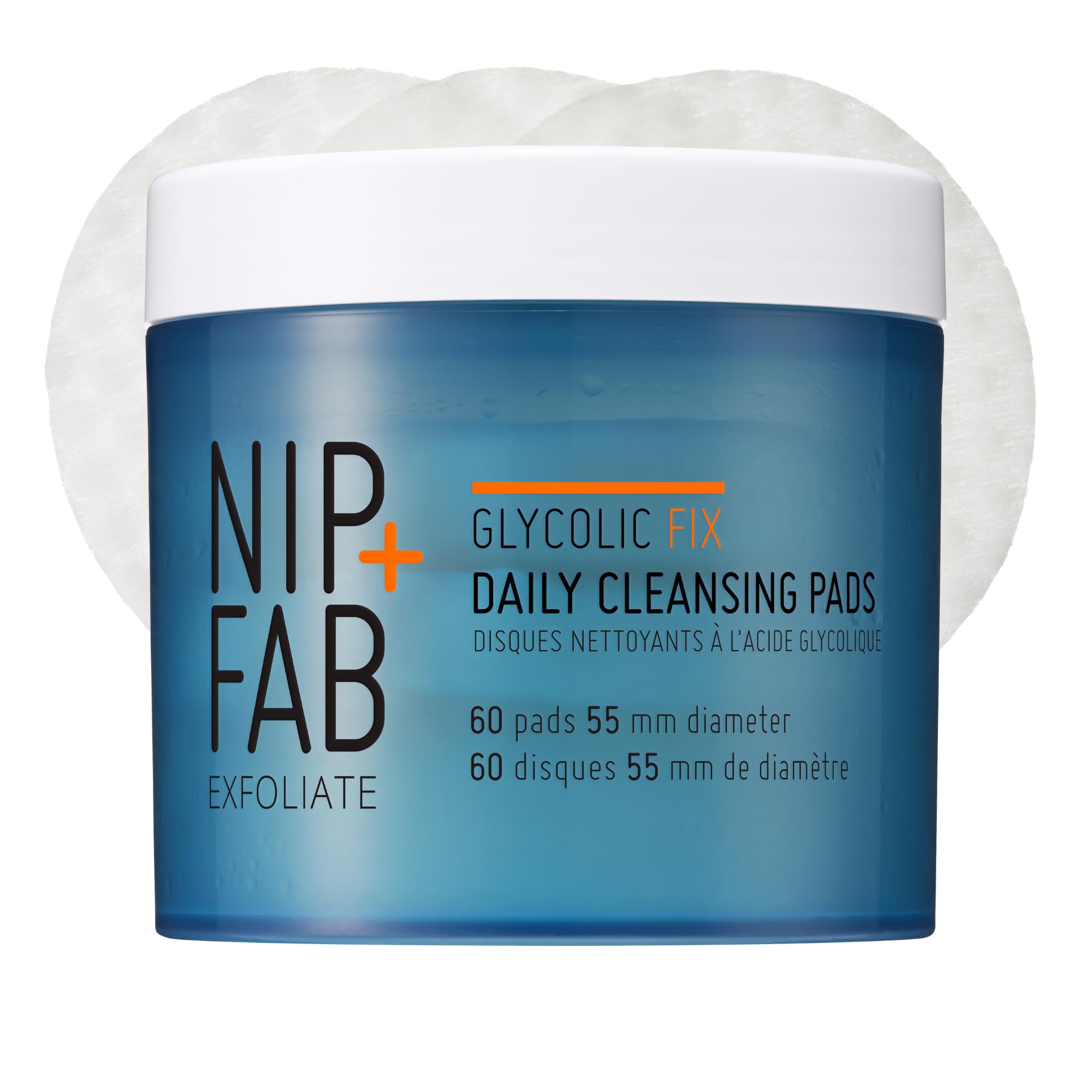 NIP + FAB Glycolic Fix Daily Cleansing Pads – 3% Glycolic Acid AHA Exfoliating Facial Wipes with Hyaluronic Acid for Resurfacing, Brightening & Smoothing Dull Skin, 60 Pads