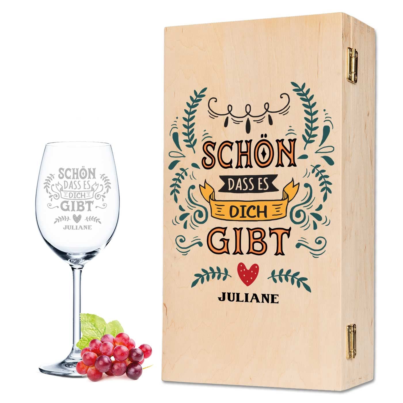 GRAVURZEILE Leonardo Weinglas - Schön dass es dich gibt im Set - mit Wunschnamen & Datum - inkl. bedruckter Holzkiste - Geschenk zur Hochzeit, Verlobung, Jahrestag & Valentinstag