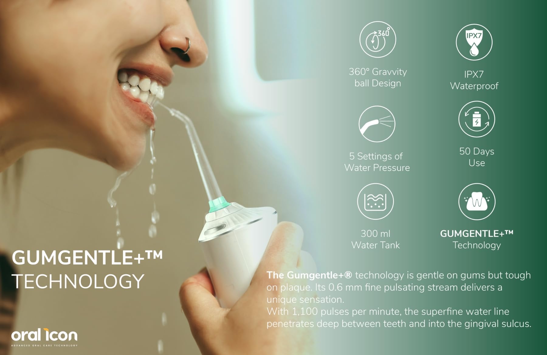 Oral Icon® Irrigador bucal eléctrico con chorro de agua pulsante – Tecnología GumGentle+™ – 5 niveles de presión – Depósito de agua de 300 ml – Inalámbrico – IPX7 resistente al agua – 5 accesorios