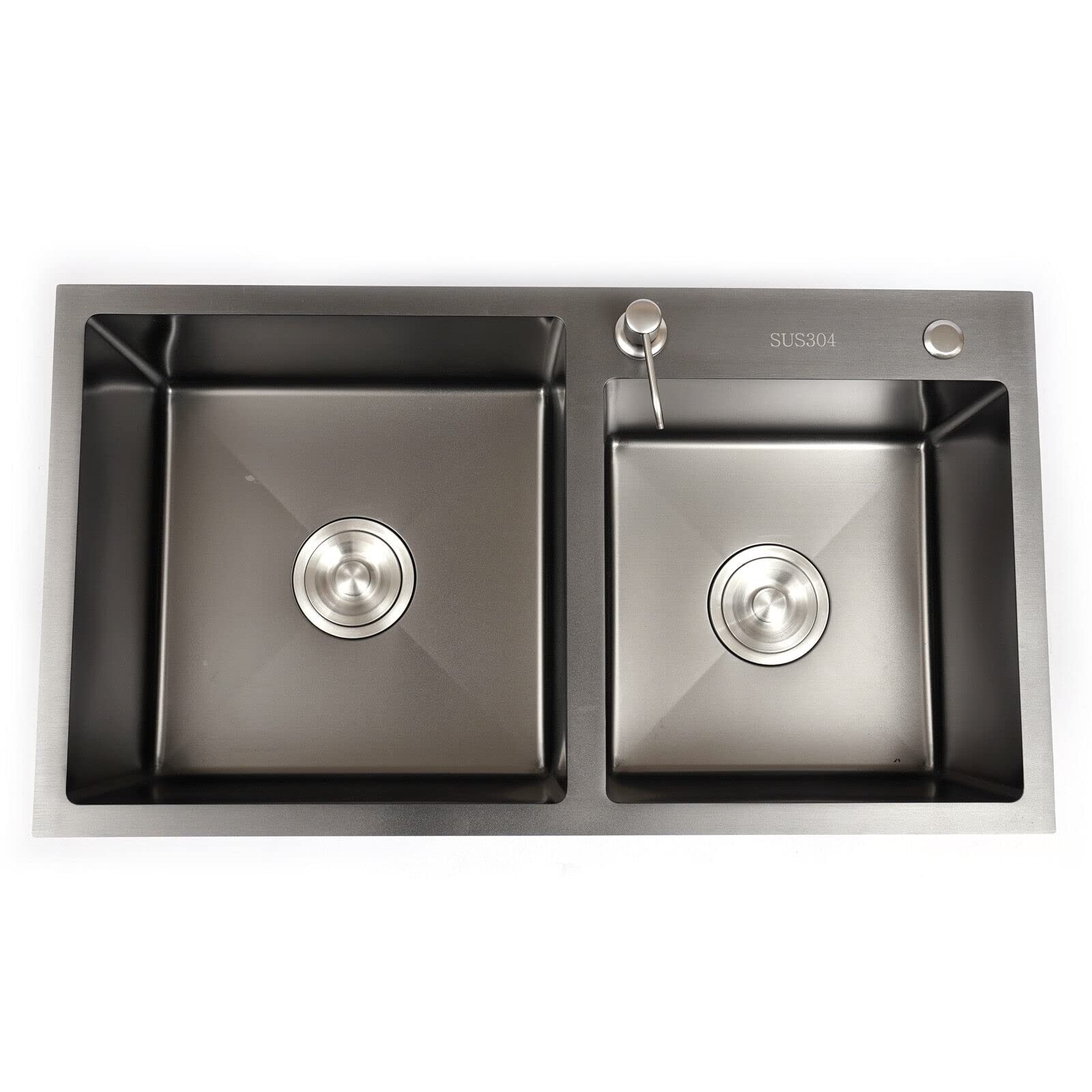 Lavello da Incasso in Acciaio Inox Nero, 1 Vasca, Grande capacità, Doppia Vasca con Dispenser di Sapone e scolapasta (78 x 43 cm, 2 vasche) - Lavello da Cucina