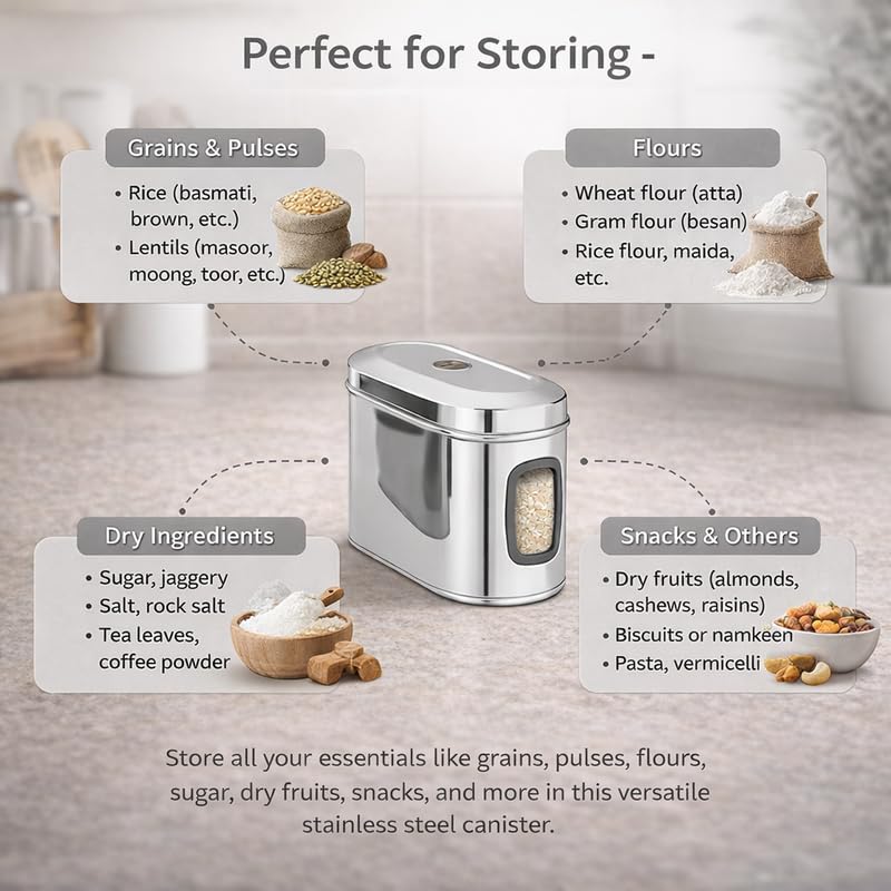 Image of Stainless Steel Capsule Food Canisters /Jars /Containers for Kitchen Storage with See Through Window - set of 1, 1850 ml capacity, 10 cm Diameter, Silver