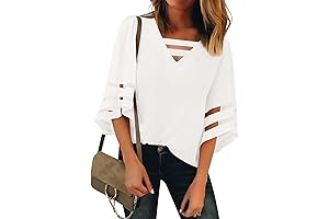 Women's Chic V-Neck Blouse with Mesh Panels and Flowy 3/4 Bell Sleeves