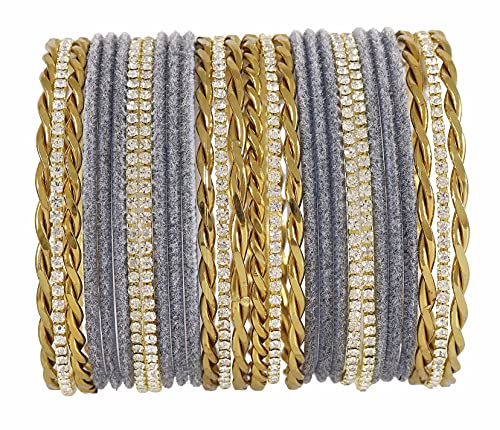 Image of NMII Gold Plated Metal Velvet Bangles Set For Women & Girls with Zircon Gemstone Studded | Traditional Women's Bangles | Designer Gold Bangles | Fashion Jewellery- Set of 28
