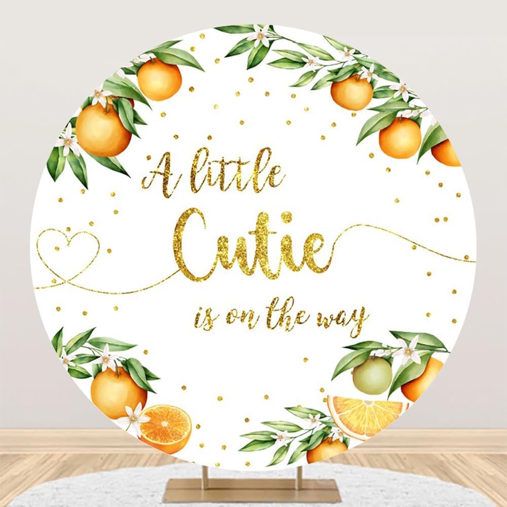 AOFOTO Baby Shower Round Backdrop A Little Cutie is On The Way Backdrop for Girls Baby Citrus Orange Flower Photography Background Children Birthday