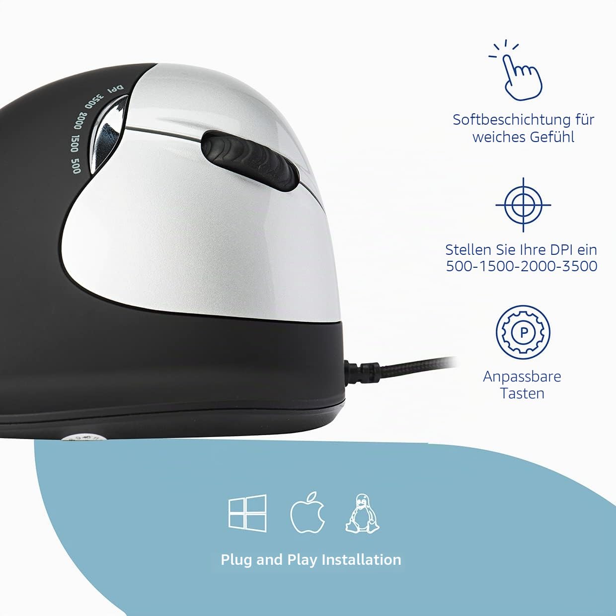 R-Go HE Break Ergonomische Maus, Vertikale Maus mit Anti-RSI-Software, Mittel (Handlänge 165-185mm), 5 Tasten, 500-1500-2000-3500DPI, Kompatibel mit Windows/MacOS