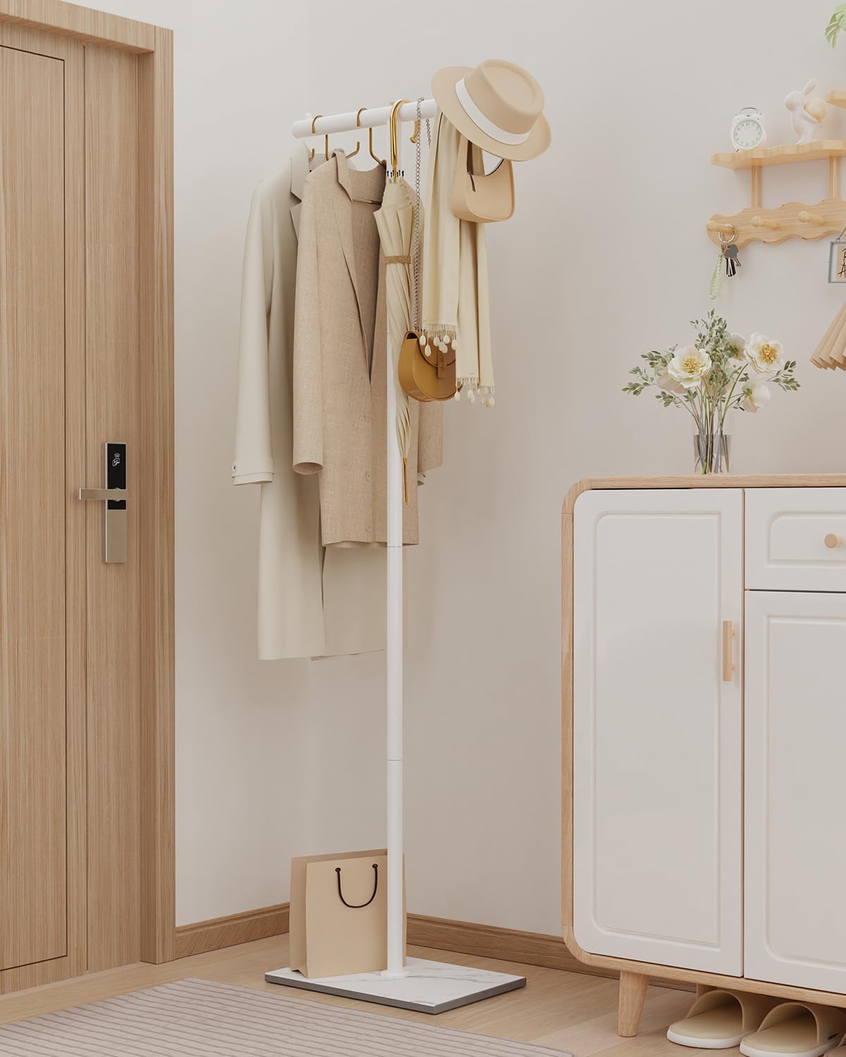 OUTBROS Freestanding Coat Rack, 68.9 High Small Clothes Rack, White | Coat Tree with Rock Base, T Shaped Clothe Rack, Coat Hanger Stand Suitable for Bedroom, Hallway, Entrance‼️missing pieces‼️
