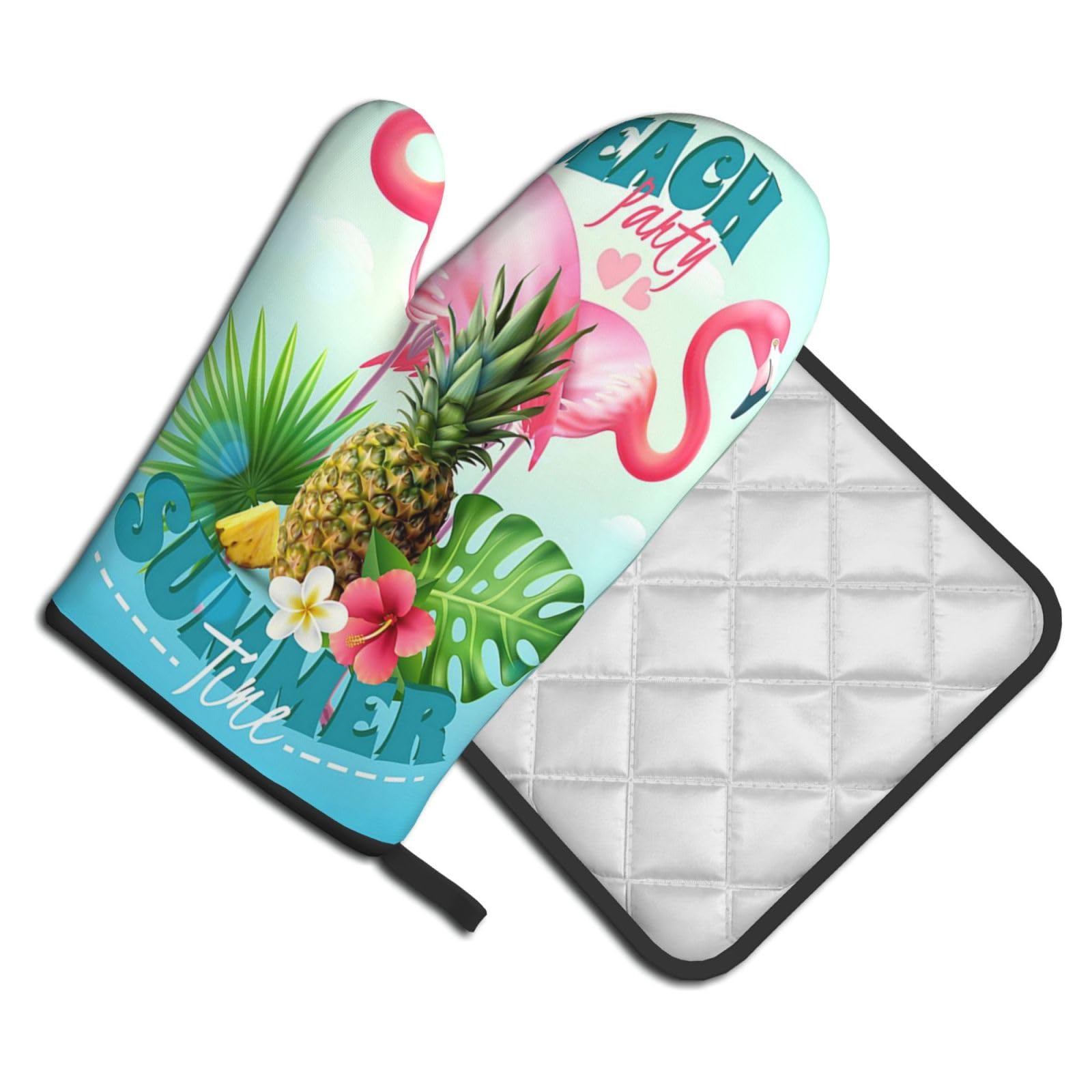 Oven Mitts and Pot Holders Set of 2 Pcs, Tropical Flamingo Printed Heat Resistant Kitchen Gloves Potholders for Cooking Baking Grilling