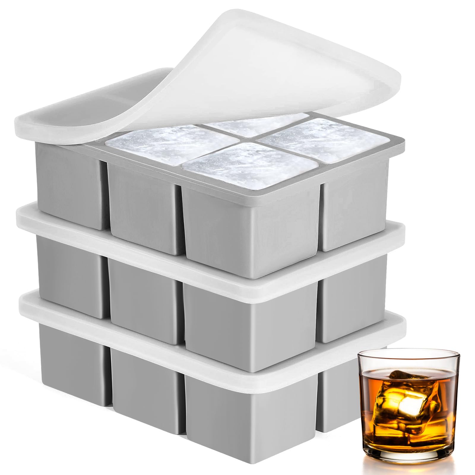 3 Pack Large Silicone Ice Cube Trays for Whiskey, Easy Release 2 inch Cube Ice Trays for Cocktail Whisky, Stackable Ice Cube Trays for Freezer with Leak Proof Removable Lid