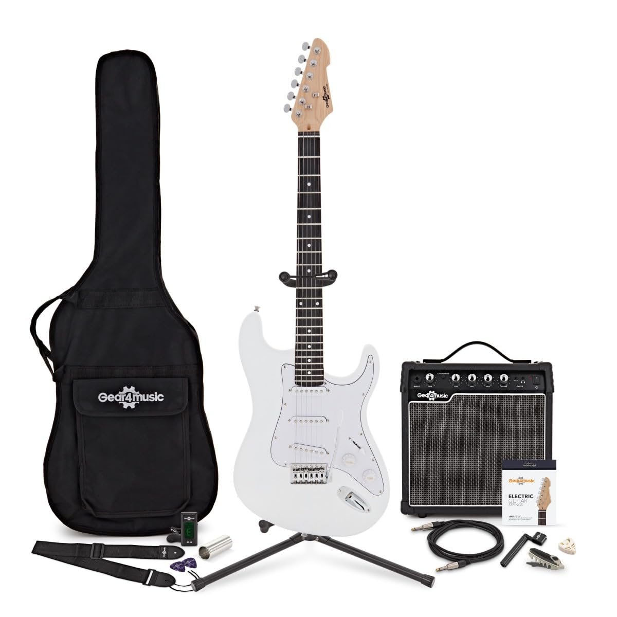 Chitarra Elettrica LA Bianca, Ampli 15W e Accessori | Manico e Corpo Leggeri e Comodi, Ampli Portatile con EQ 3 Bande e Overdrive, Ampli Pronto per il Palco e Pacchetto Completo