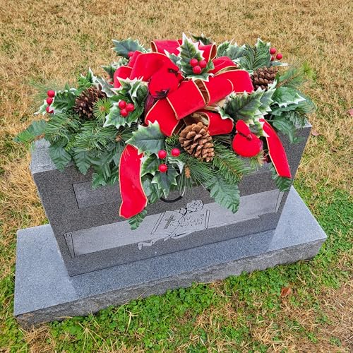 Headstone Saddle with Holly, 2 Cardinals, Pinecones, and Red Velvet Ribbon - Christmas Memorial Decoration - Artificial Grave Flowers
