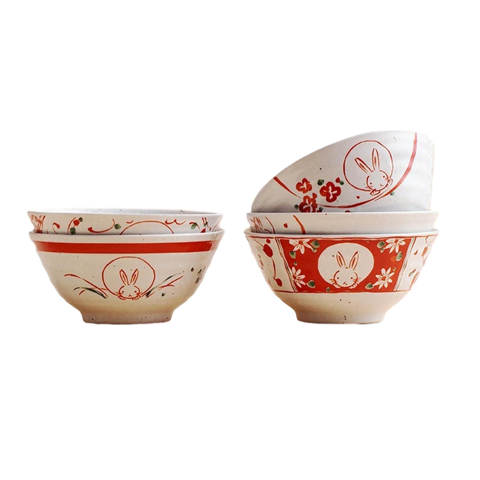 CAPIJIONG Süßes Kirschblüten-Hasen-Keramiktasse, handgezeichnetes Cartoon-Nachmittagstee-Set – Windblume, Schneehase, fünfteiliges Schüssel-Set (groß)