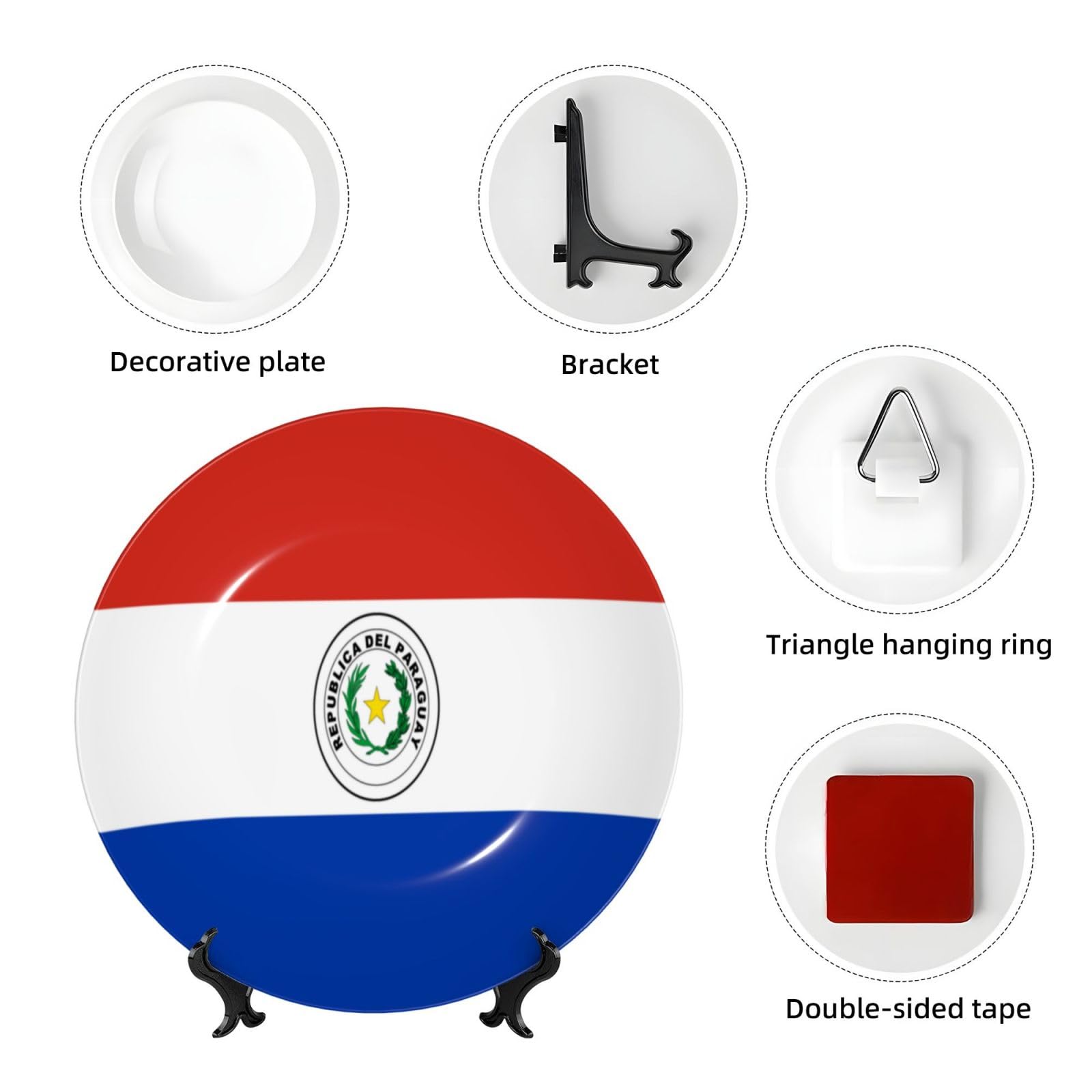 Platos decorativos elegantes de la bandera de Paraguay, platos de porcelana china con soporte de exhibición y gancho para decoración de pared, regalo de boda