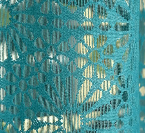 Image of Fabrilia Geometric Pattern Door Net Curtains 7 Feet Long Set Of 2 For Living Room /Bedroom, Teal Blue, Semi Sheer, Grommet Curtains