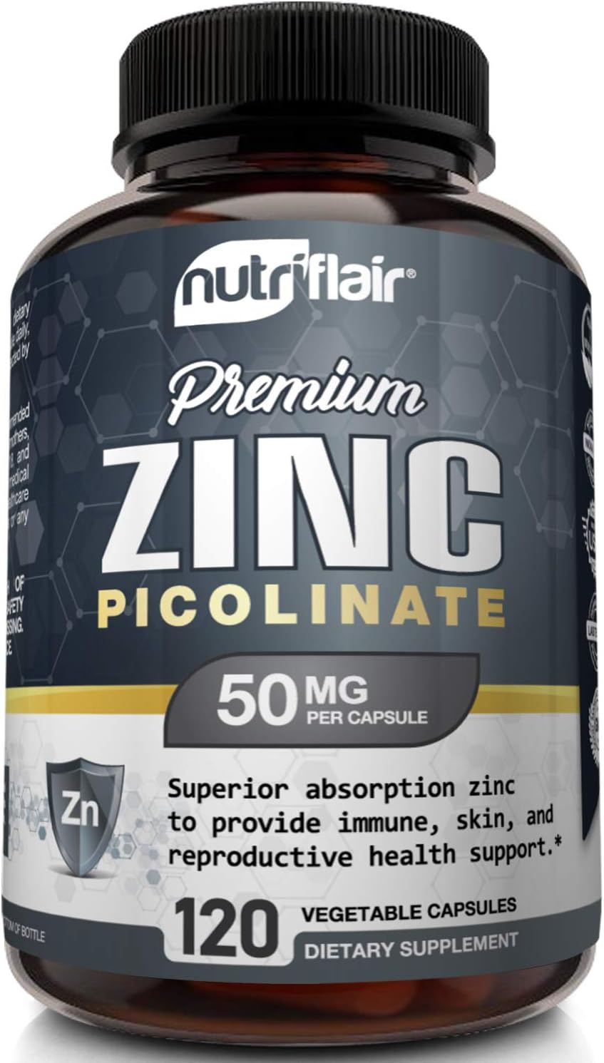 NutriFlair Zinc Picolinate 50mg, 120 Capsules - Maximum Absorption Zinc Supplement Pills - Immune System Booster, Immunity Defense, Powerful Non-GMO Antioxidant - Compare to gluconate, Citrate, Oxide : Health & Household