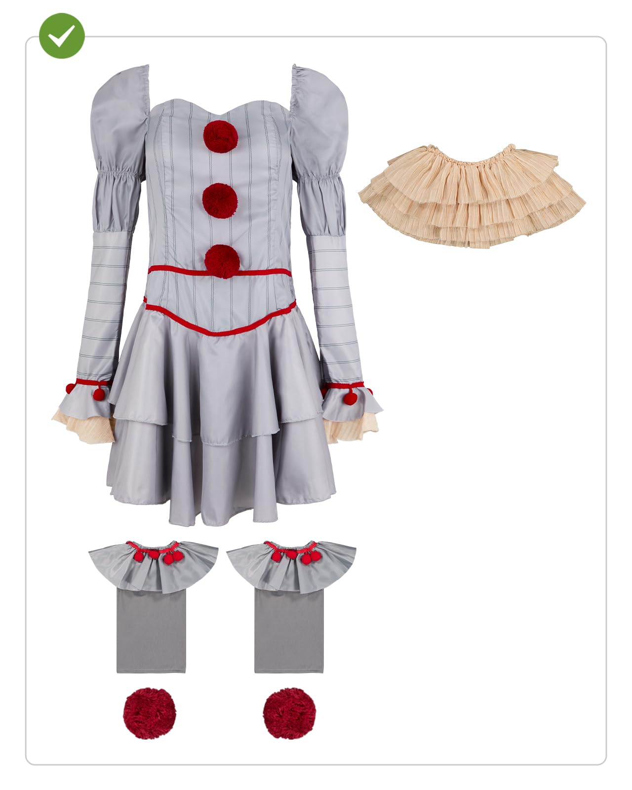 Funidelia Disfraz Oficial de Pennywise - IT Capítulo Dos para mujer, Incluye vestido, cuello, calentadores y dos pompones, Talla S - Traje para adultos para fiestas, Carnaval y Halloween