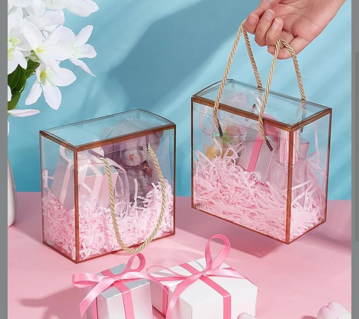 VRB Dec 5 Pcs Small Golden Transparent Gift Boxes Packaging Hamper Boxes for Guddy bags,Return Gifts,Birthday Party,Baby Shower, Wedding,Diwali,Deepawali,Navratri,Gifting (5 Pcs Small Golden Transparent Gift Box)-image-22