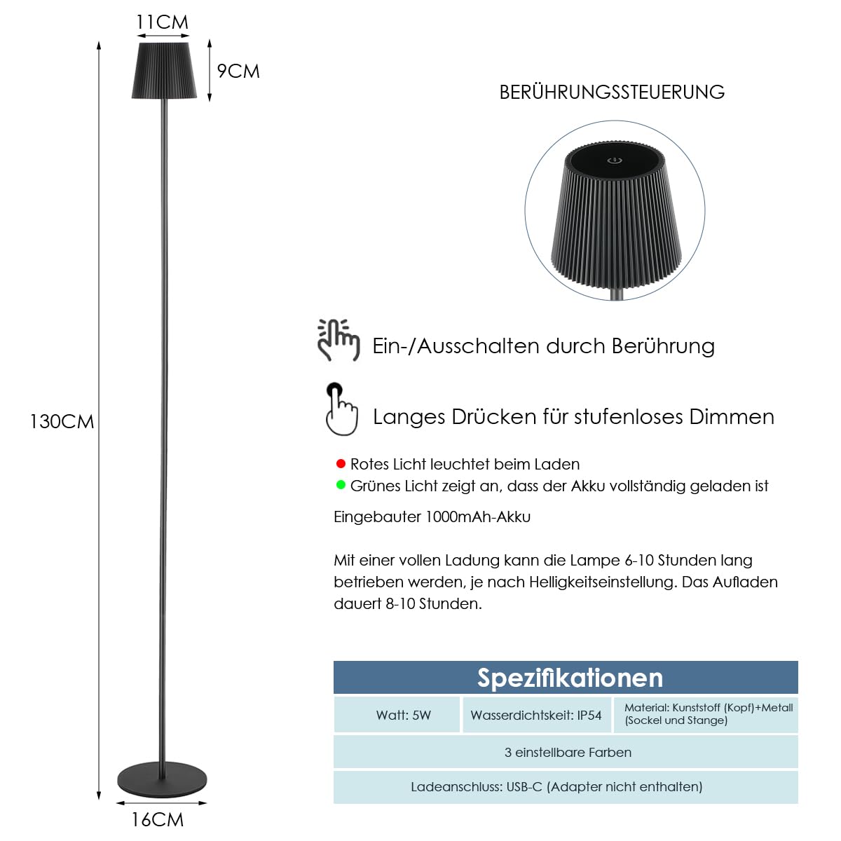 130 cm Stehlampe outdoor LED Tischleuchte für Außen & Innen - kabellose Stehleuchte mit Touchdimmer - dimmbare LED (inkl.) Stehlampe IP54 für Terrasse, Garten, Balkon & Wohnzimmer - schwarz