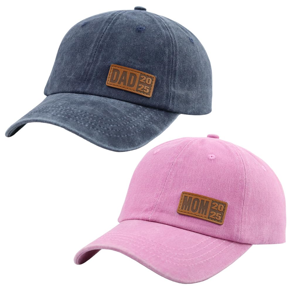 Tacoesha 2PCS Leather Dad and Mom EST 2025 Hats for Men Women, Adjustable Cotton Funny Parents Baseball Cap