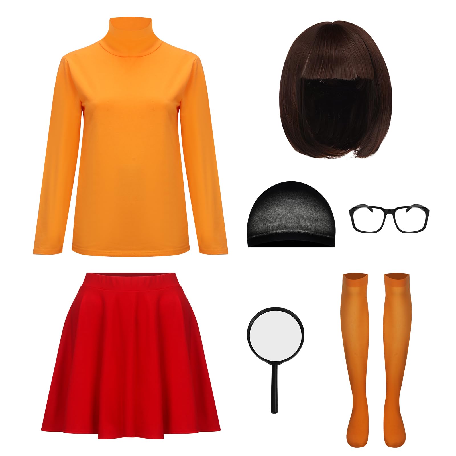 NUWIND Halloween Deluxe Adult Costume for Women,Brown Bob Wig,Orange Turtleneck Top,Red Skater Skirt,Magnifying Glass,Socks and Glasses Carnival Cosplay Fancy Dress (Orange - Image 3