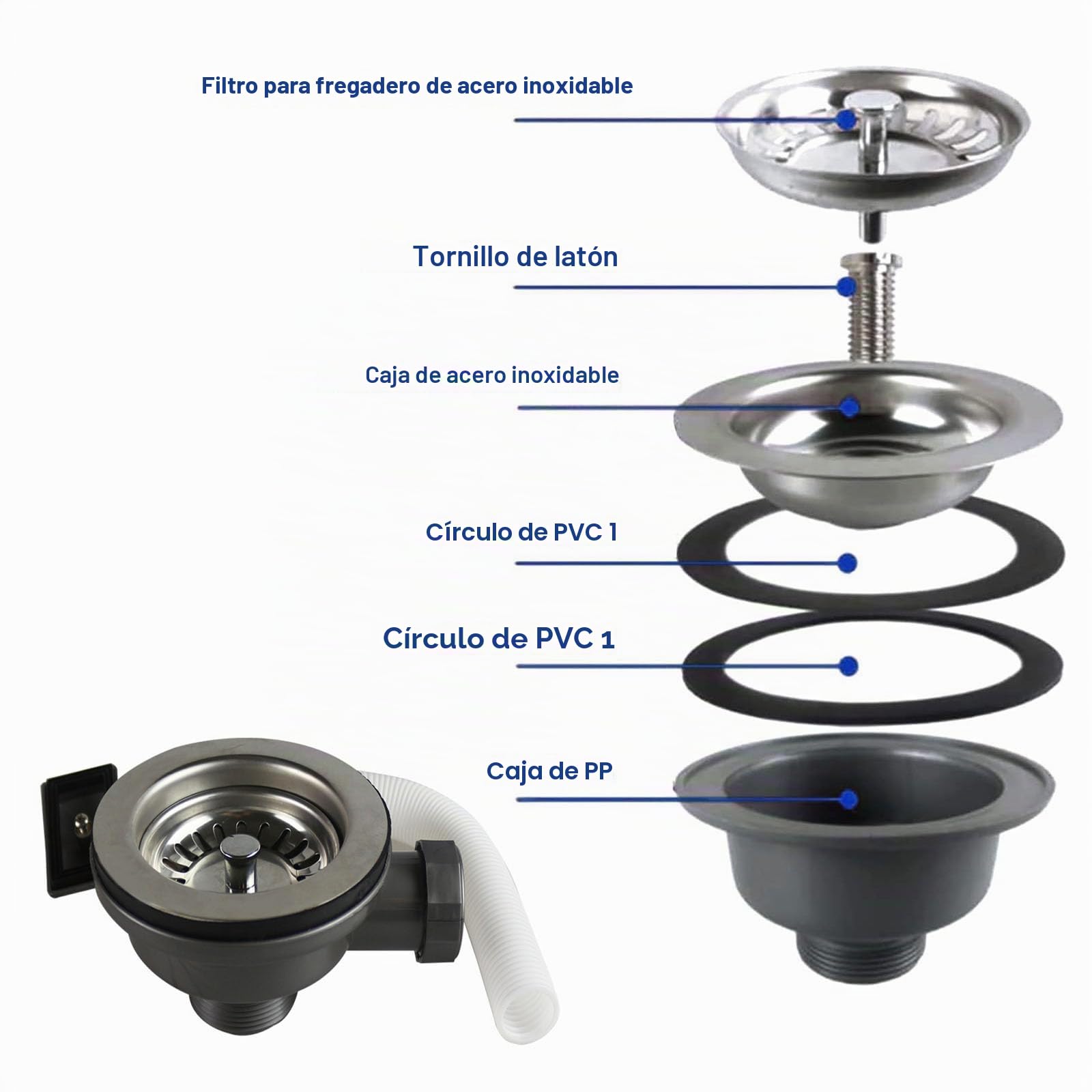 Juego de desagüe para fregadero, válvula de cesta de colador de acero inoxidable con rebosadero, 114 mm, sifón de cocina con rebosadero, juego de desagüe para sifón, adecuado para la filtración del