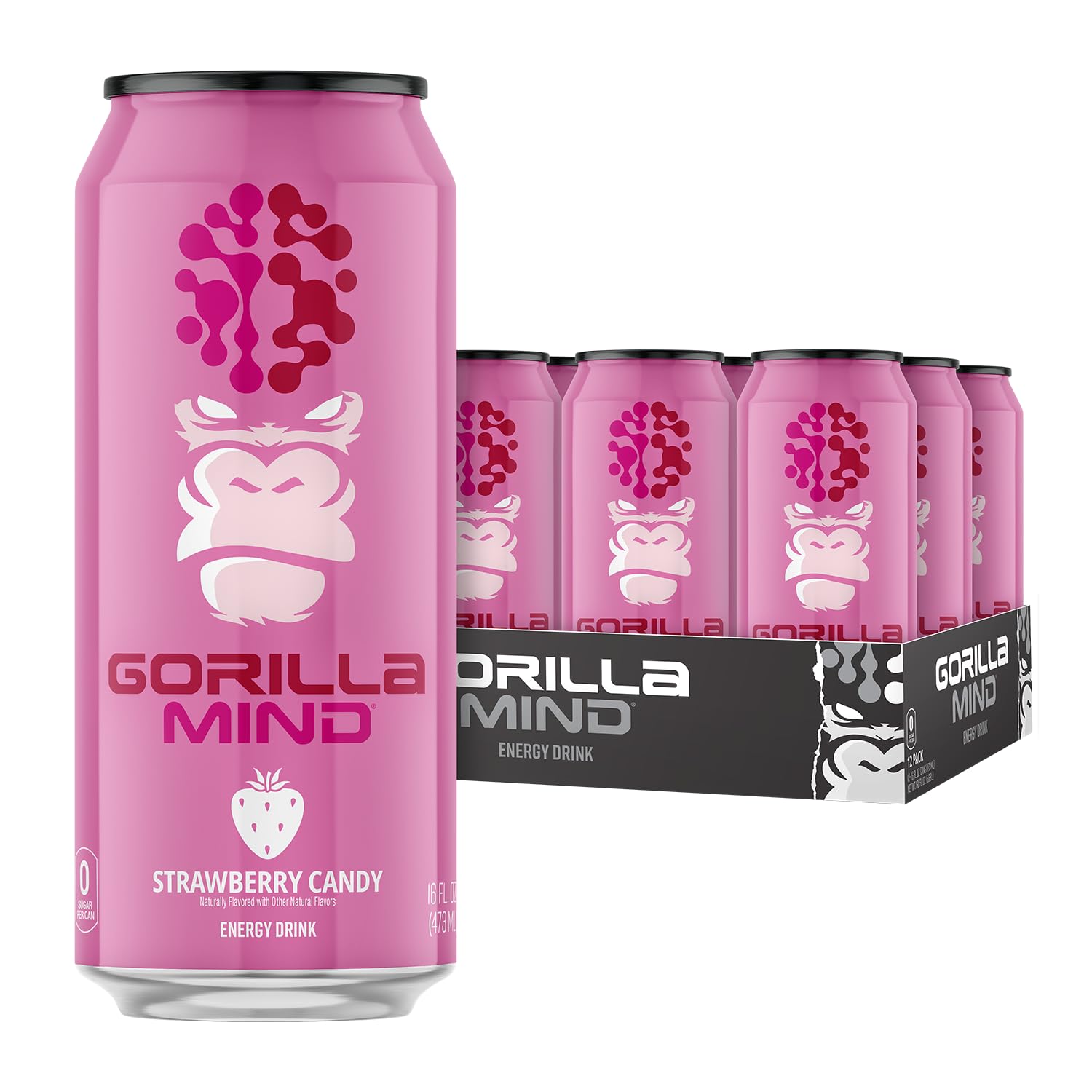 Gorilla Mind Energy Drink | Unmatched Energy · Amplified Focus | N-Acetyl-L-Tyrosine, Alpha-GPC, 200mg Caffeine, Uridine, Saffron | 0 Sugar Or Artificial Colors | 16oz, 12-Pack (Strawberry Candy)