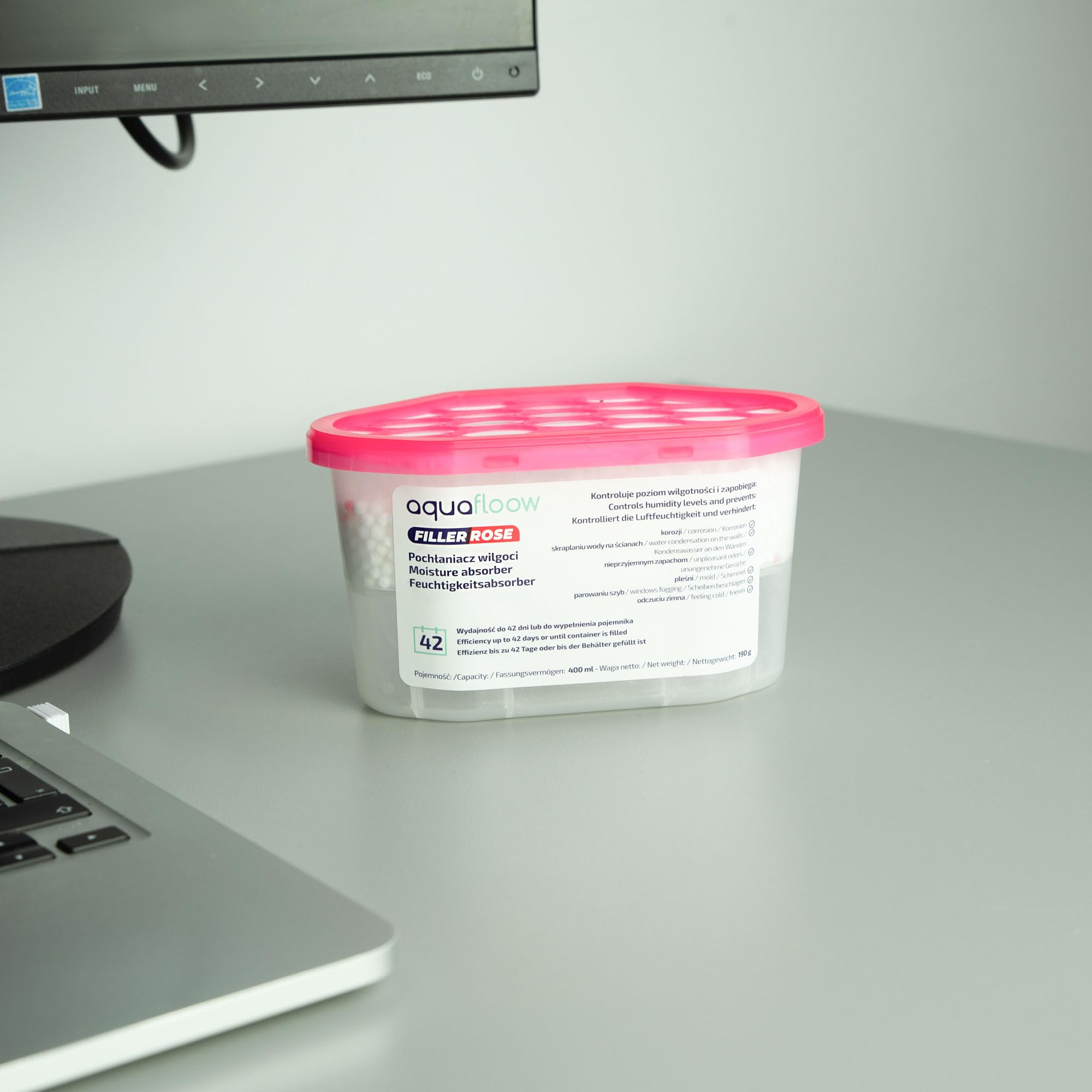 Aquafloow Osuszacz Pokojowy 400 ml, Redukuje Wilgotność, 12 Sztuki Granulki ROSE | Neutralizator Zapachów, Pochłaniacz Wilgoci do Kuchni, Szafki, Łazienki i Gabinetu