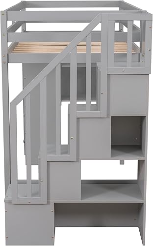 Miniatura 61 de Cama tipo loft de tamaño individual con 3 estantes, 2 armarios y 2 cajones, cama alta funcional con escalera de almacenamiento, marco de cama loft