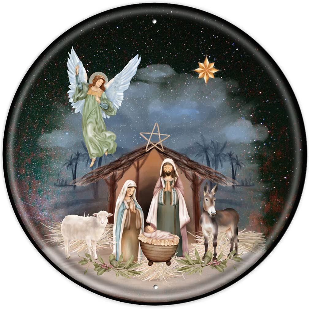Licpact Round Metal Tin Sign Rustic Wall Decor Wall Plaque Christmas Wreath Sign Nativity Christmas Wreath Sign Wall Decoration Bar Home Round 12X12 Inches