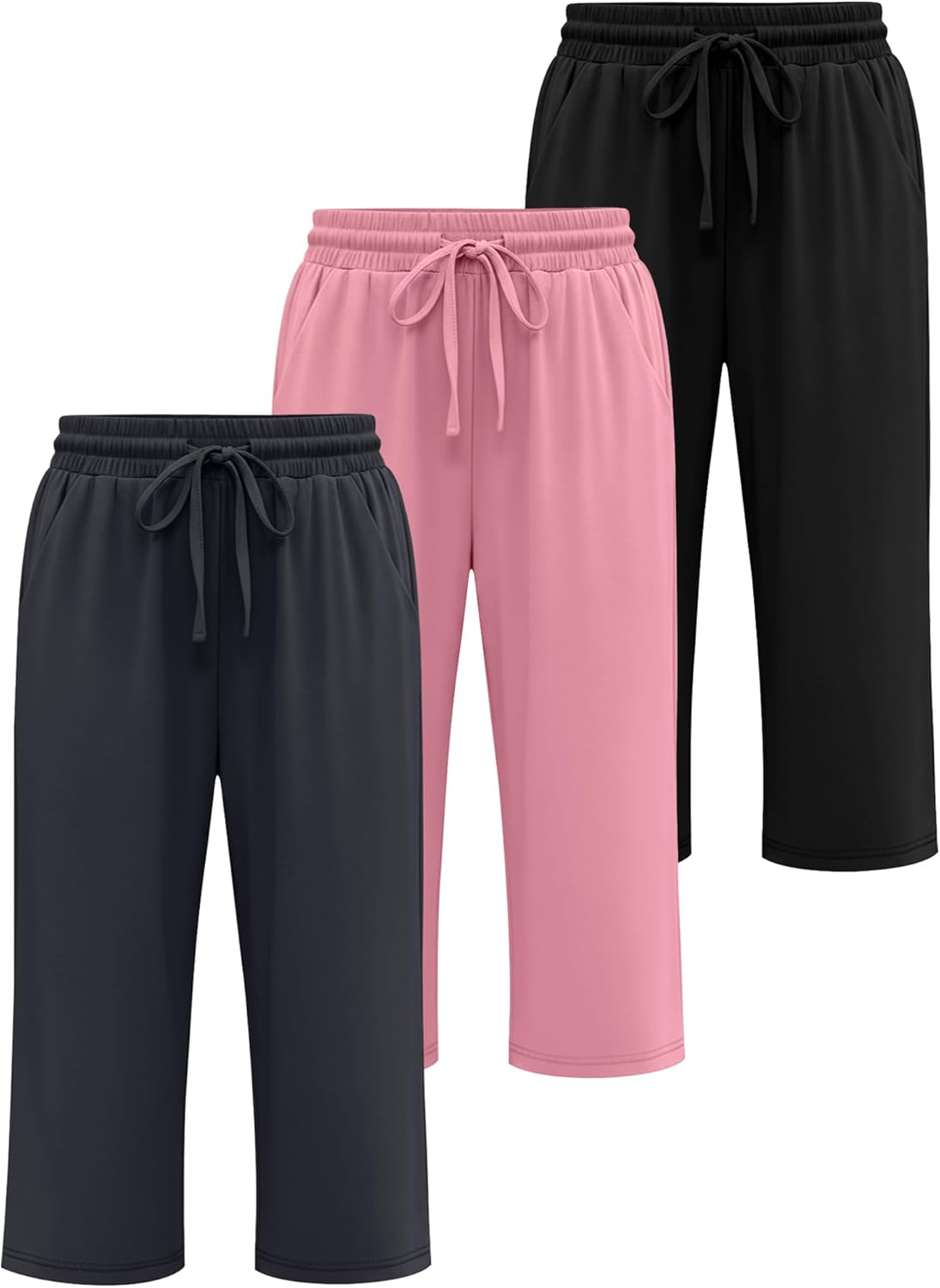 Huukeay 3 Pack Women's Capri Pants, Drawstring Lounge Capris Wide Leg Cropped Pants with Pockets Workout Yoga Joggers - Image 3