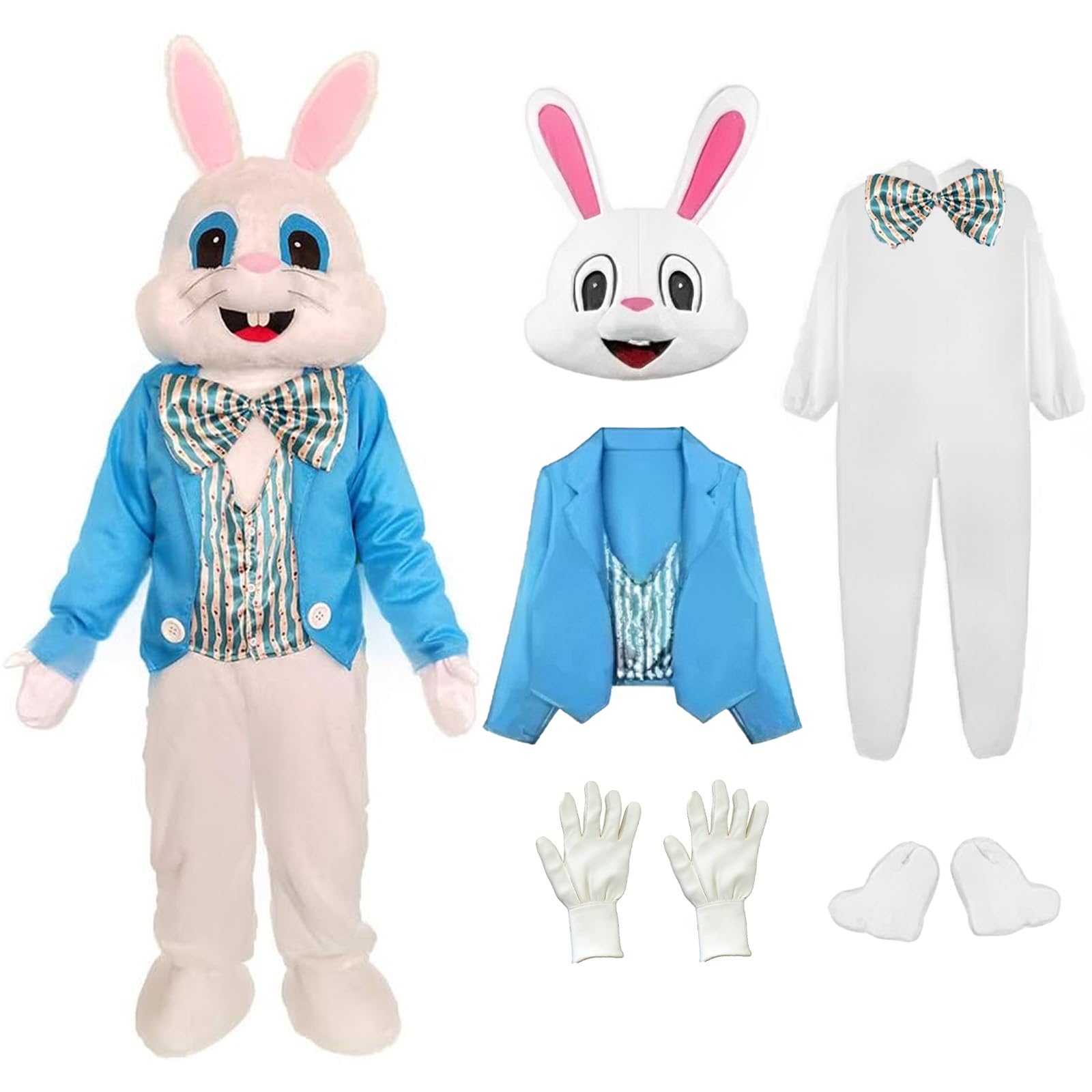 Hyelntu Easter Bunny Costume Adult Plush Bunny Mascot Suit for Men Women Onesize Easter Party Rabbit Cosplay Outfit with Head