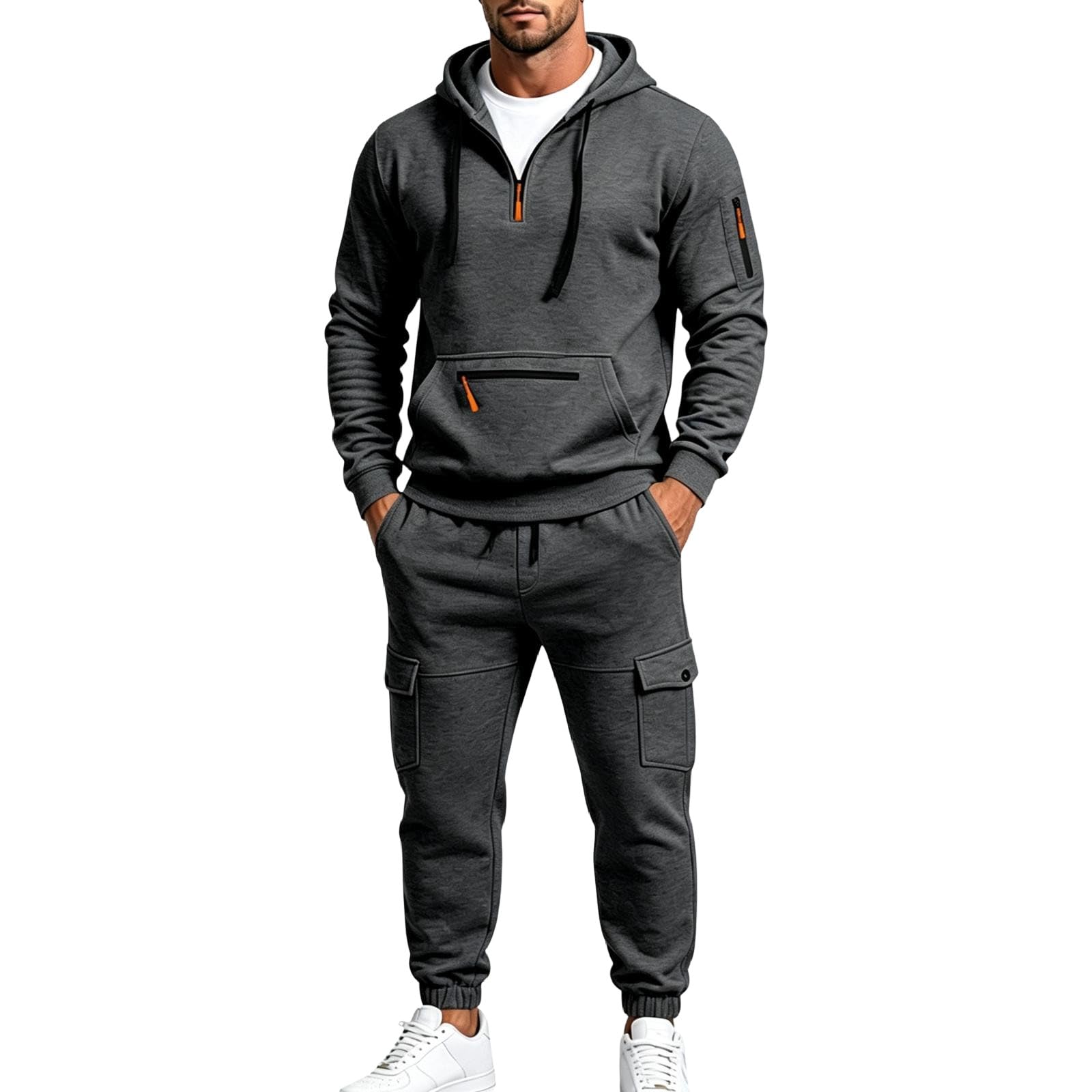 Generisch Survêtement pour homme - Avec capuche - Demi-fermeture éclair - Poches cargo - Lacets - Baggy - Décontracté - Sport - Survêtement doux