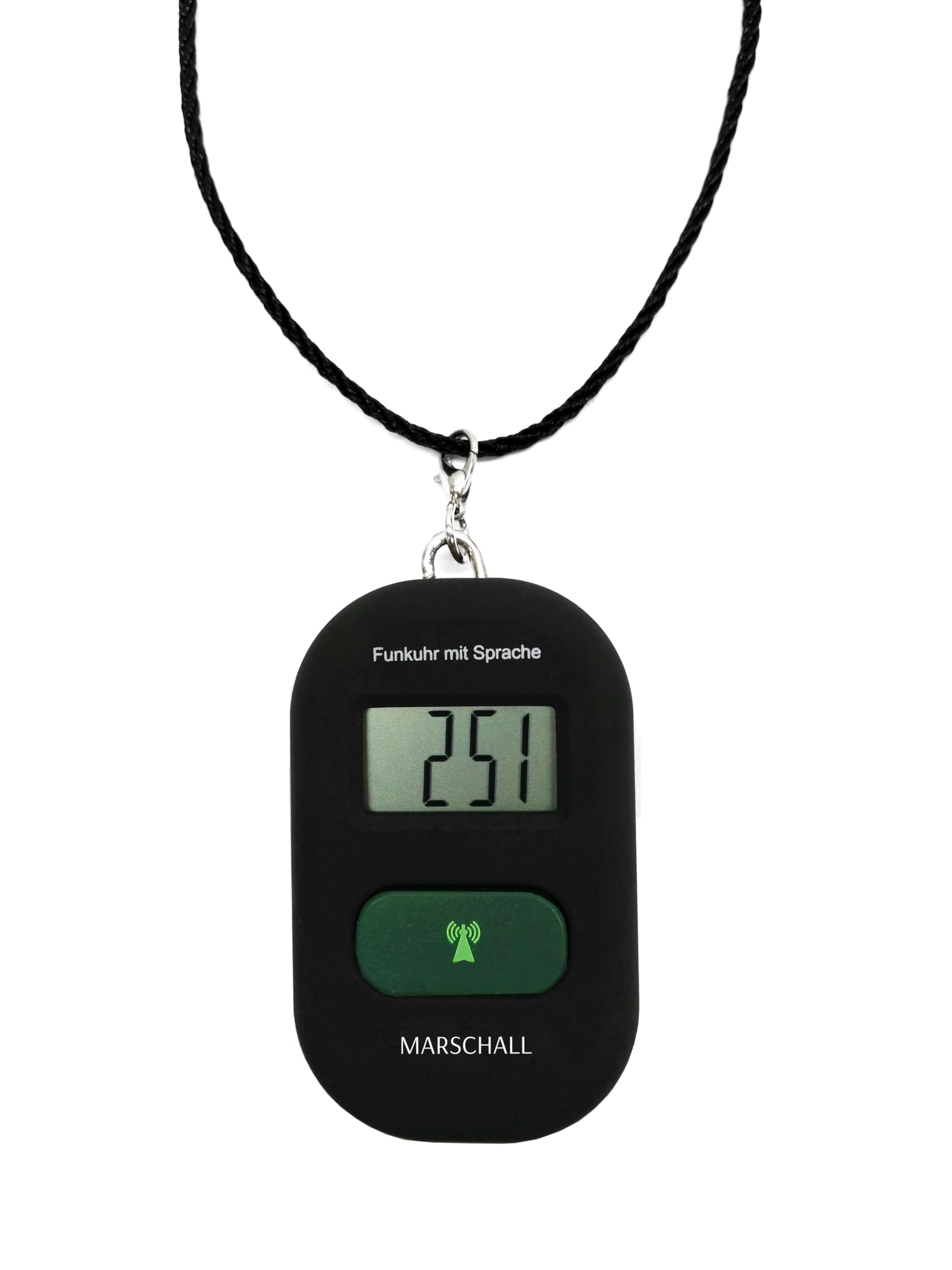 Marschall Schlüsselanhänger Deutsch sprechende Funkuhr I 1117S I Umhängeuhr Schwarz I Extra Laute Sprachausgabe I Großes LCD Display I Perfekt für Senioren, Blinde und Demenzkranke