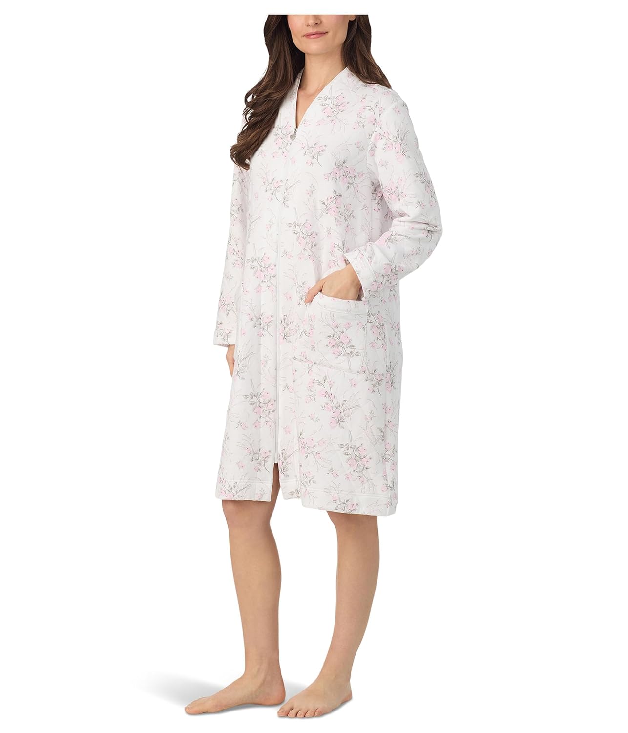 Eileen West Womens Cotton Knit Long Sleeve Diamond Quilt Zip Robe, White Ground Rose Bouqet, Large/X-Large