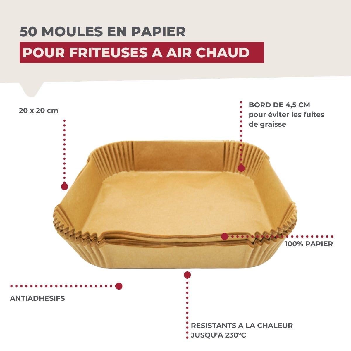 Fackelmann 9322150 - Stampo per friggitrice ad aria calda, stampo per friggitrice ad aria calda, stampo per friggitrice senza olio, carta aria fryer, 50 pezzi, quadrato, carta, 20 x 20 x 4,5 cm