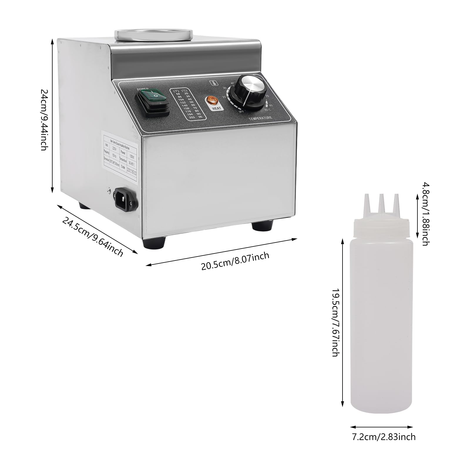 Scaldavivande elettrico con bottiglia da 680 ml, scaldavivande per cioccolato/formaggio, in acciaio inox, dispenser per salse con regolazione della temperatura 30-85 °C, 100 W, per ristoranti, caffè e