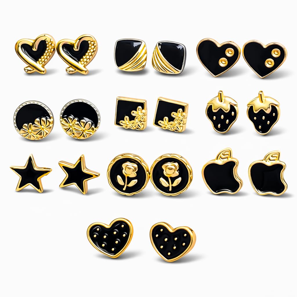10 Pairs Black & Gold Stud Earrings Combo for Women & Girls | Fashion Jewellery Set with Heart, Star & Floral Designs-image-16