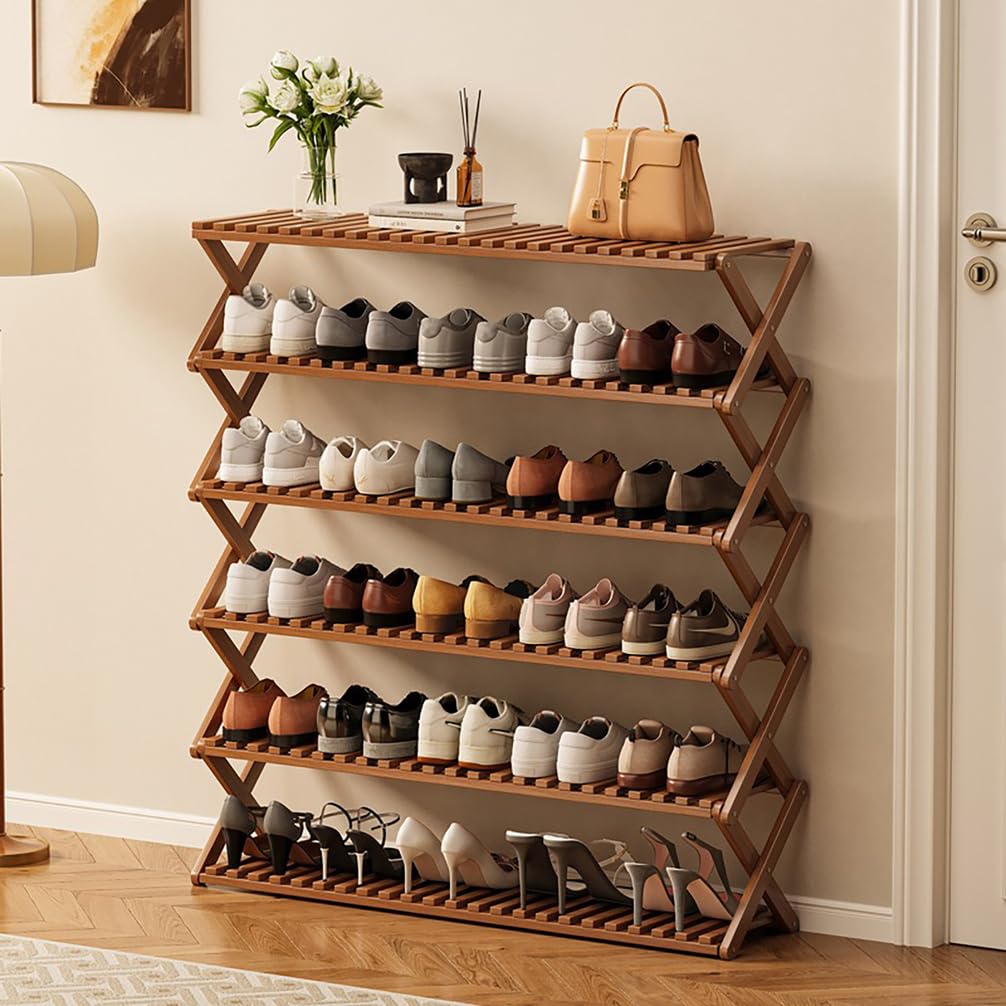 WYRNOBRX Stackable Shoe Rack with Multiple Shelves Bamboo Outdoor Shoe Storage Narrow Storage Cabinet Furniture Organizer for Small Spaces No Installation Required,Natural,L50*H90*W25