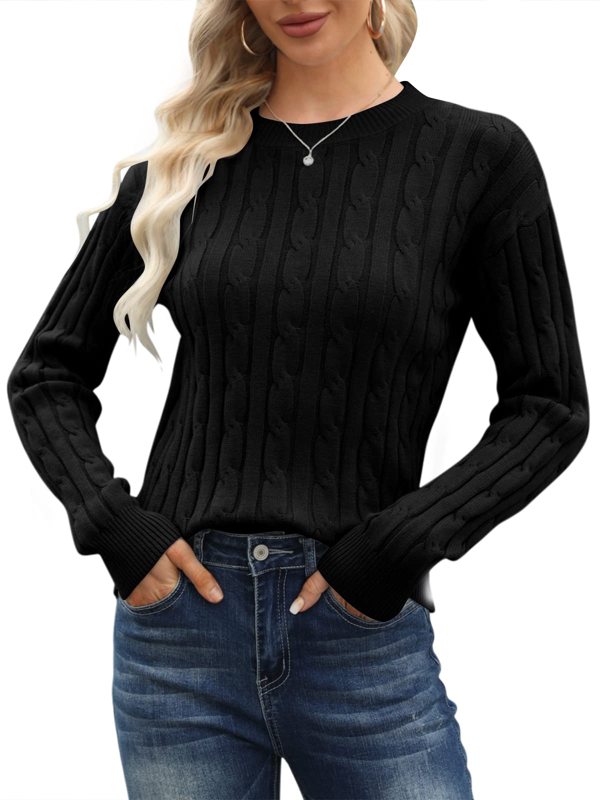 Runcati Pullover Damen Strickpullover Winter Rundhals Classic Fit Einfarbig Langarm Warm Casual Lose Sweater