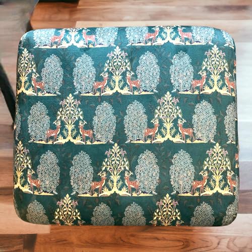Image of The Artage Puffy Stool for Living Room Sitting Printed Premium Foam Cushioned Pouffe Ottoman for Foot Rest Stool for Home Decor Furniture with 4 Wooden Legs (Floral) (Forest Green)