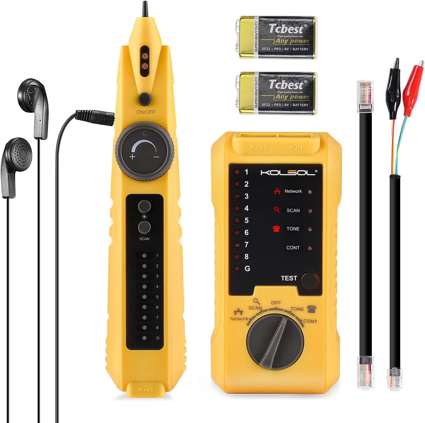 KOLSOL Network Cable Tester, Ethernet Wire Tracer with Telephone Line Checking for CAT5 CAT6, RJ11 RJ45 LAN Network Cable Finder for Wire Continuity/Short/Breaking/Open/Crossing