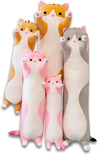 Keludu Kawaii Peluche largo de gato de animal súper suave almohada de cuerpo adorable muñeca de peluche para adolescentes y niños pequeños (marrón,