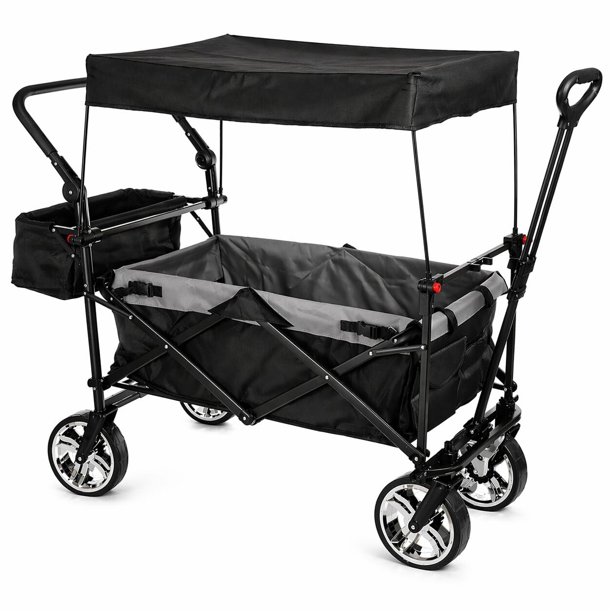 Bollerwagen faltbar mit Dach 105L 100kg Schiebegriff & Teleskop-Ziehstange 2 Feststellbremsen + Zentralbremse hinten 3-Punkt-Gurtsystem XXL-Hecktasche Bollerwagen mit Dach
