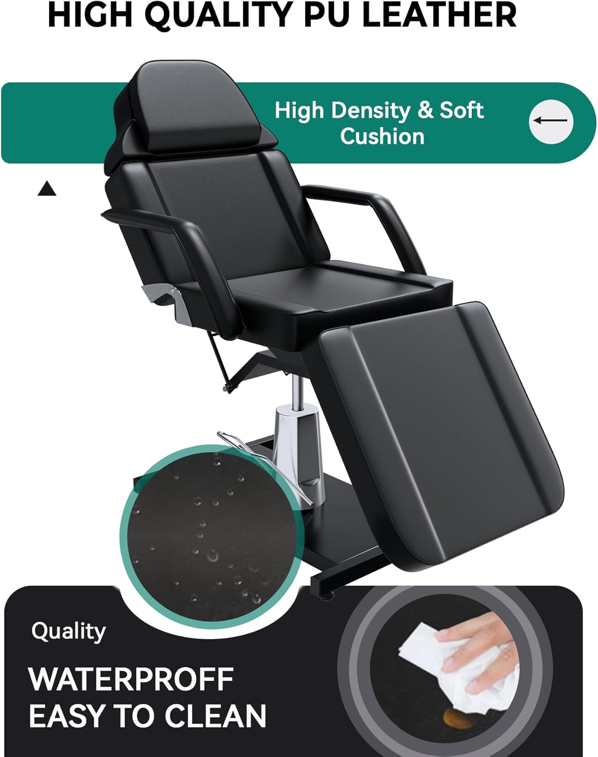 Professional Hydraulic Tattoo Chair Esthetician Bed, 3-Section Adjustable Tattoo Table Facial Beds with Rolling Stool, Heavy-Duty Steel Frame for Beauty, Spa, and Studio