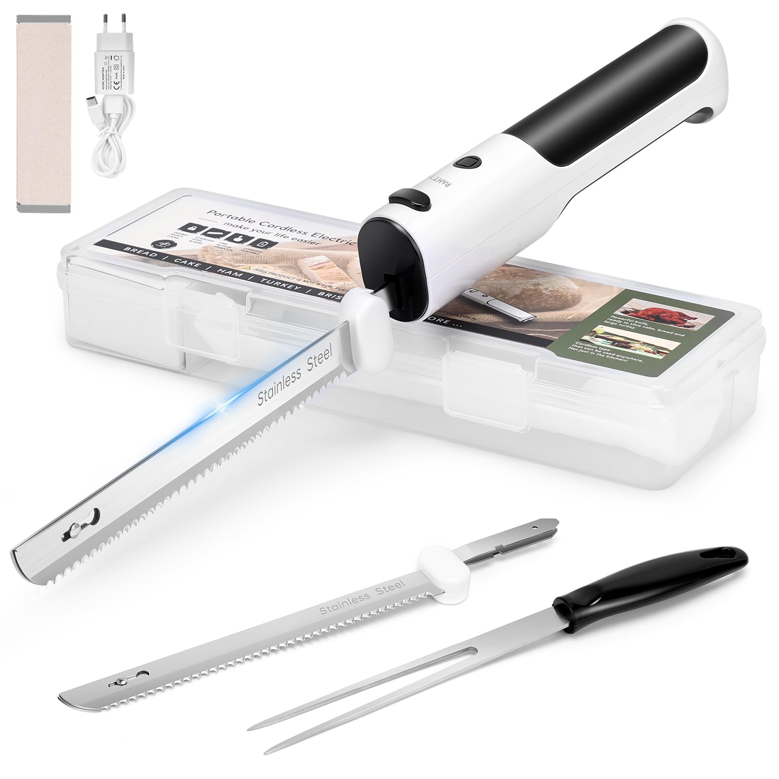 PAHTTO Coltello elettrico per affettare carne pane verdura frutta, coltello da cucina affettapane a batteria con doppie lame in acciaio inox incluso scatola, forchetta e tagliere pieghevole