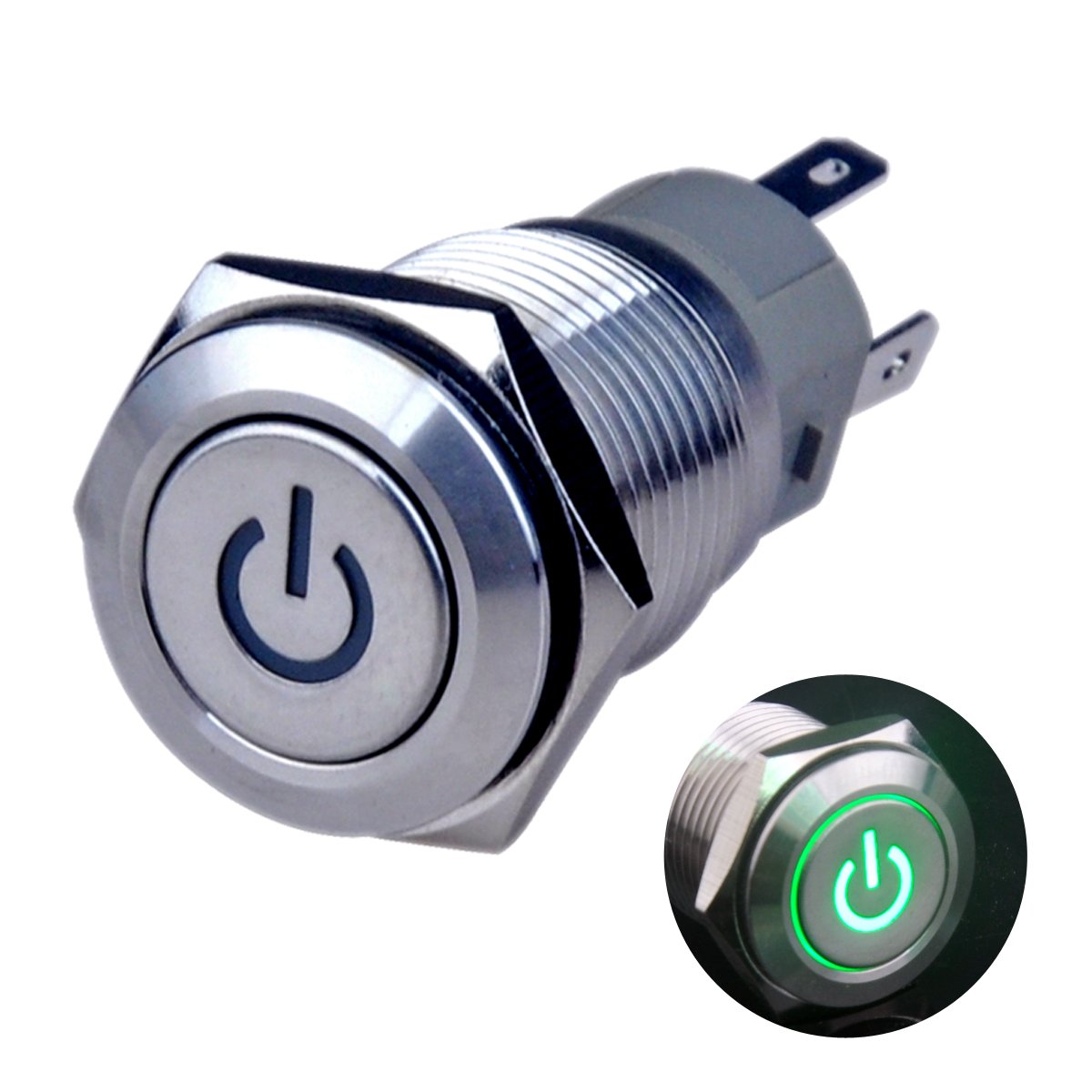 Ulincos Latching Push Button Switch U16F5 1NO1NC SPDT ON/Off Silver Stainless Steel Shell with Green Power Symbol LED Suitable for 16mm 5/8" Mounting Hole (Green)