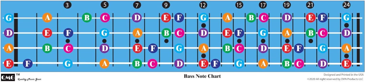 QMG Bass Guitar Fretboard Note Chart, Learn to Play Guitar and Music Theory, Suitable for all Levels